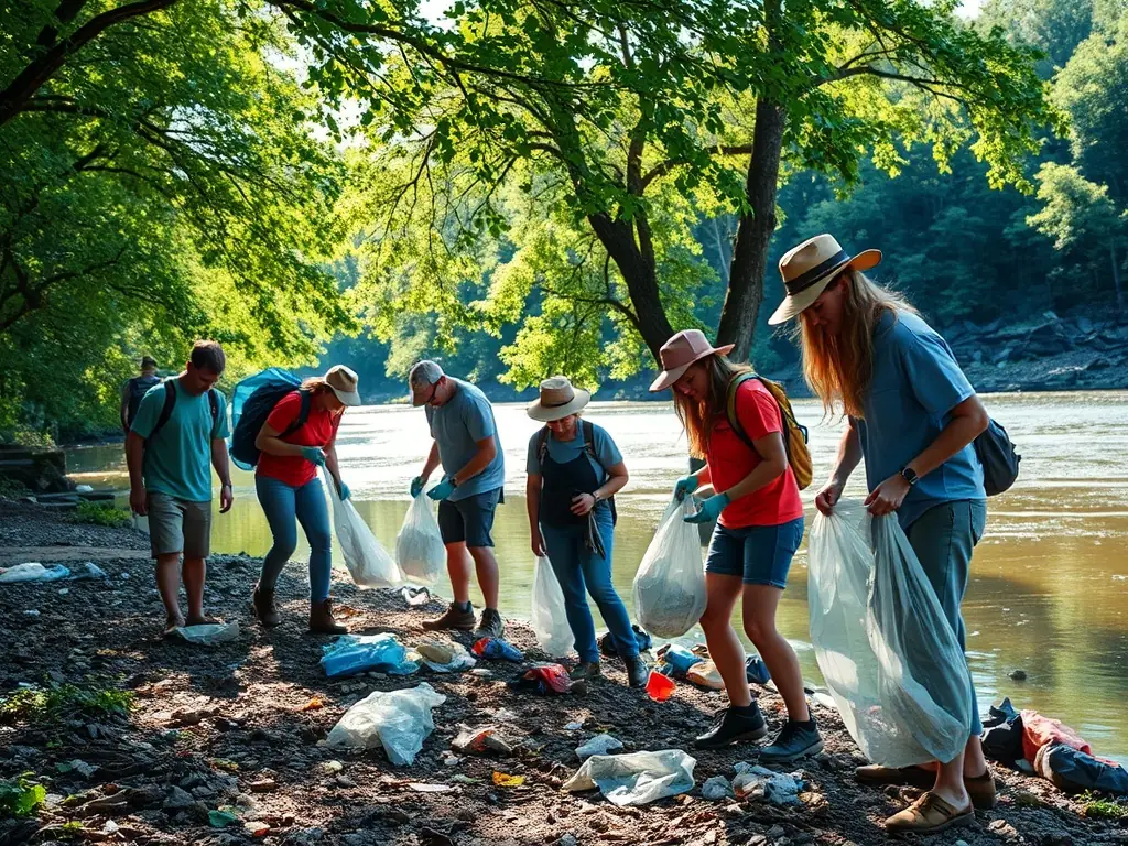 A photograph showcasing volunteers cleaning up a riverbank, removing litter and debris to improve the habitat for aquatic life.