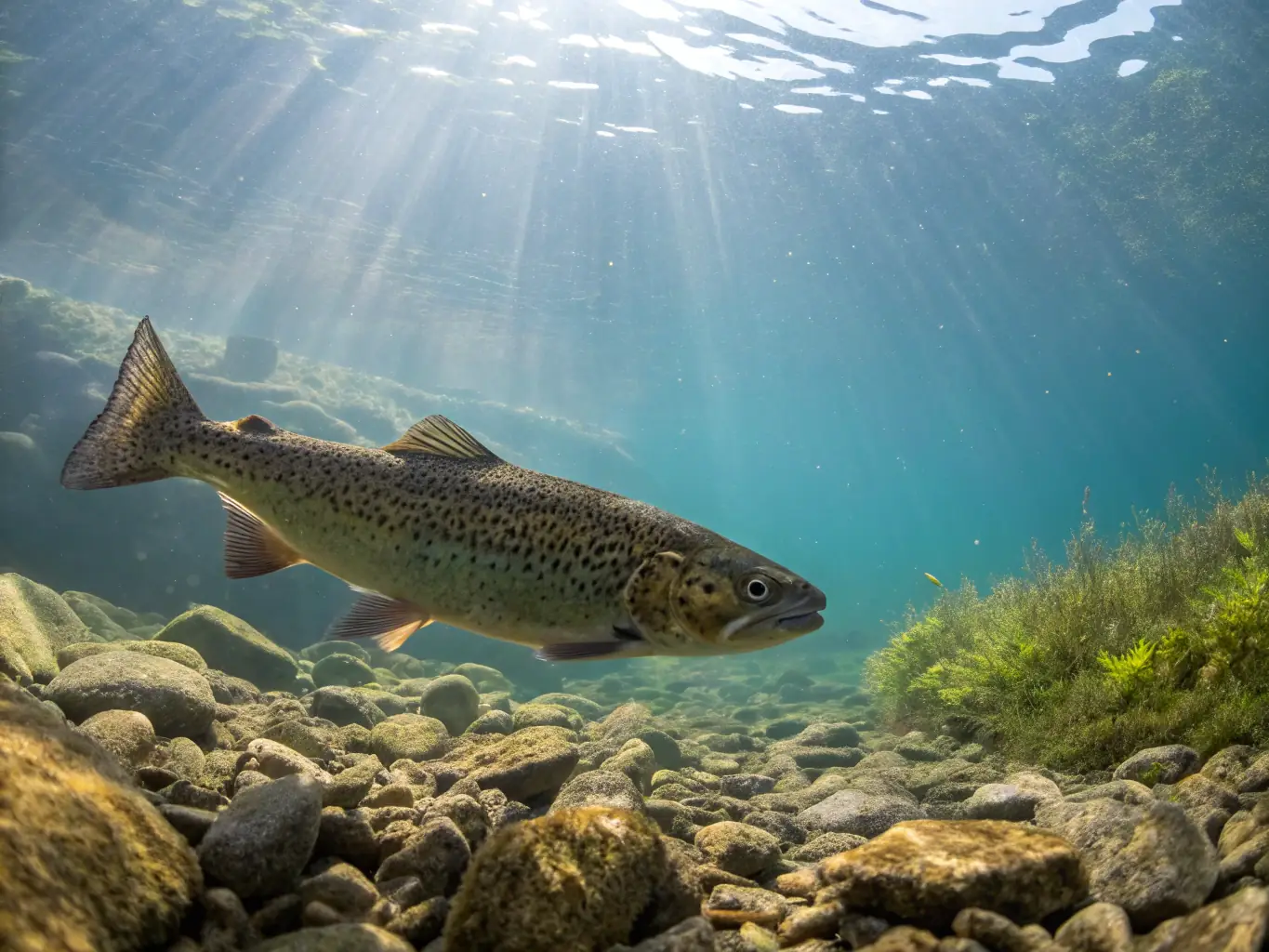A vibrant image of a clean river with native fish species swimming freely, surrounded by lush greenery, illustrating healthy aquatic habitats.