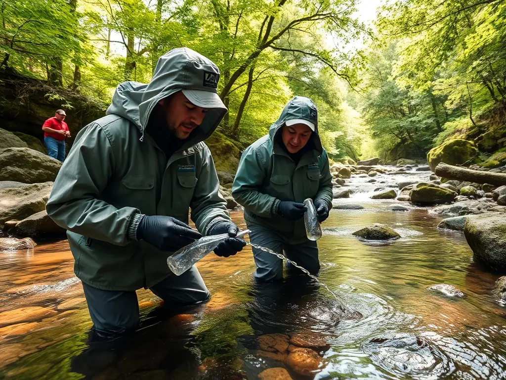 A scientist is collecting water samples from a river, using scientific equipment to analyze water quality and assess the health of the aquatic ecosystem.